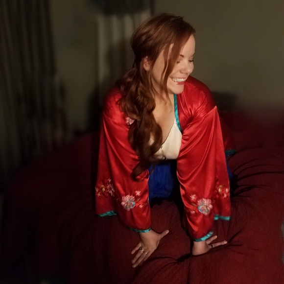 Flora Nikrooz Red Satin Embroidered Kimono - Picture 2 of 10